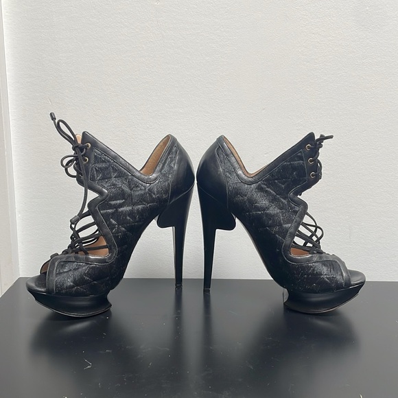 Nicholas Kirkwood Pony Hair Leather Platform Heel Black Lace Up Open Toe 7.5 - Picture 3 of 16